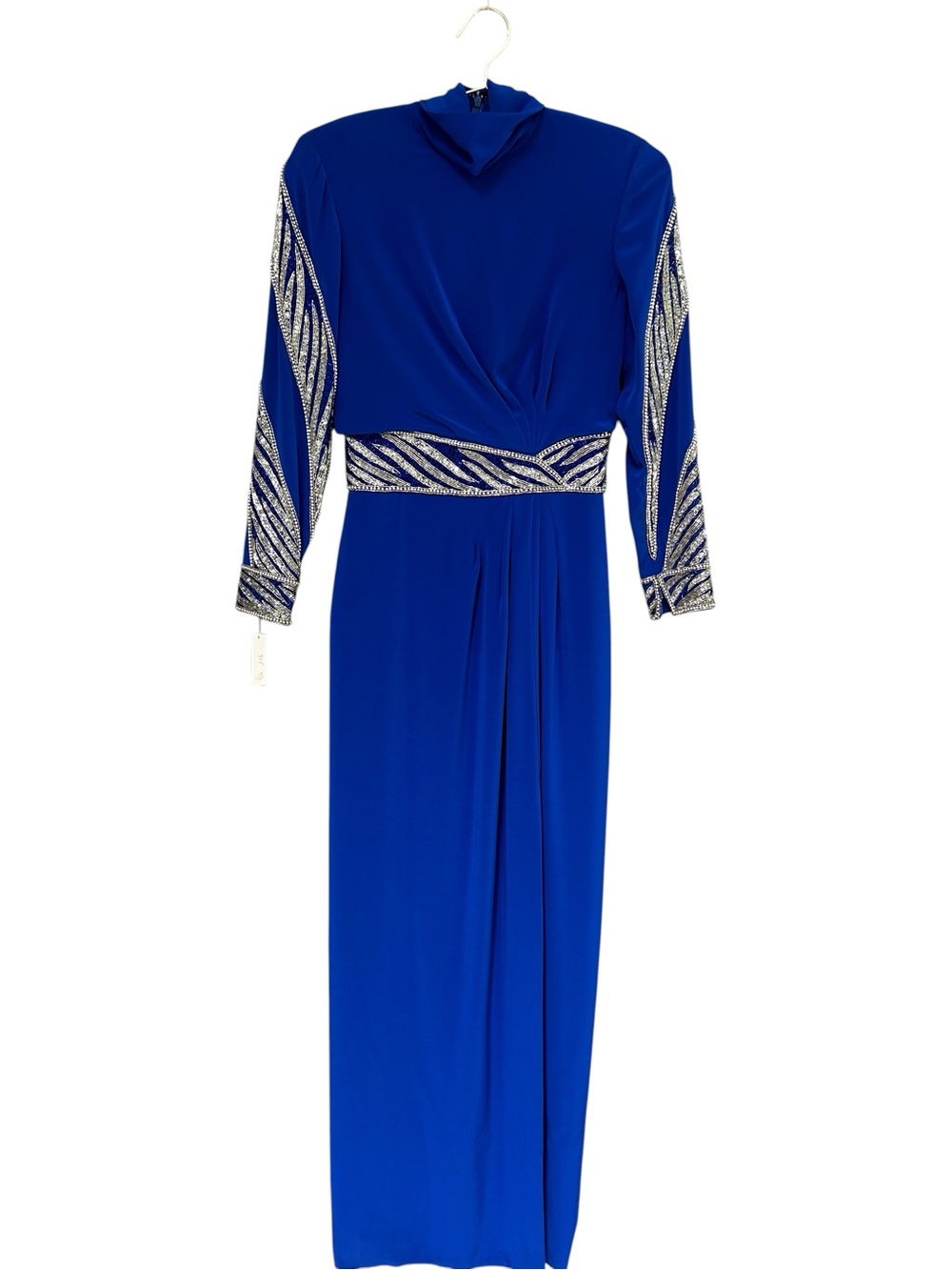 Bob Mackie Sapphire Blue Long-Sleeve Maxi Dress Beaded Sequin Formal Gown, Sz 8